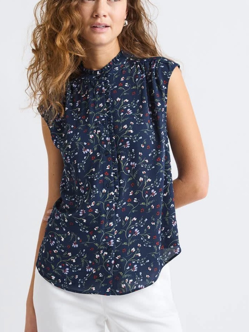 Navy Floral Sleeveless Mock-Neck Blouse